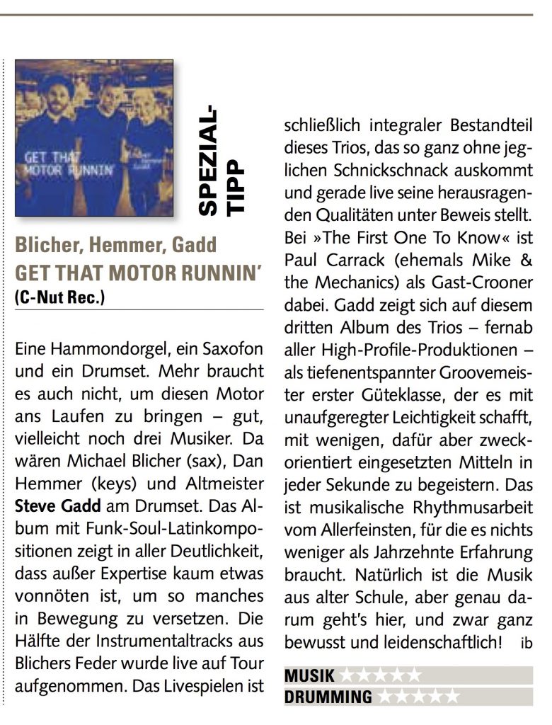 German review from Drums & Perc. "Get that Motor Runnin"