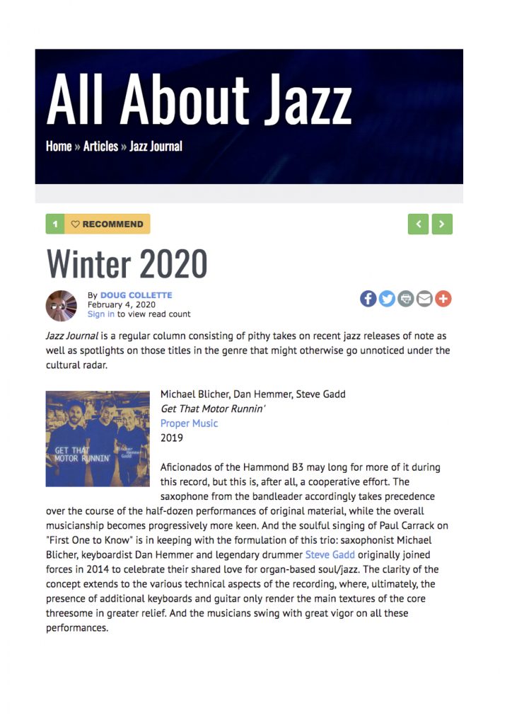 US AllAboutJazz Review 2020 "Get that Motor Runnin"
